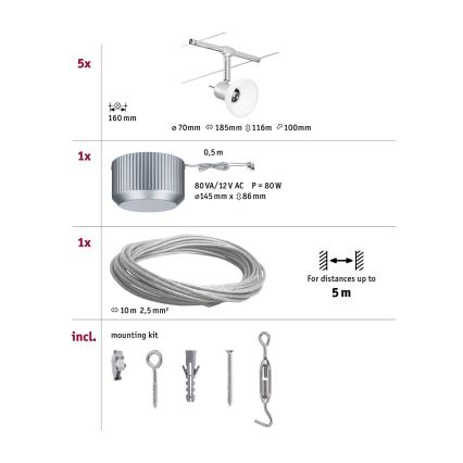Paulmann 94136 - CONJUNTO 5xGU5,3/10W Foco para sistema de carril SHEELA 230V cromado brilhante
