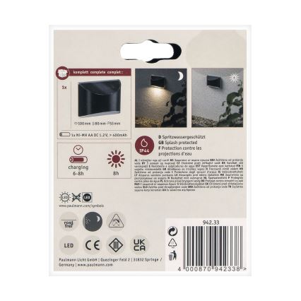 Paulmann 94233 - LED/0,05W IP44 Iluminação solar de parede ELLIOT 1,2V