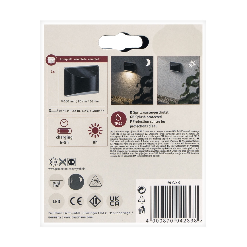 Paulmann 94233 - LED/0,05W IP44 Iluminação solar de parede ELLIOT 1,2V