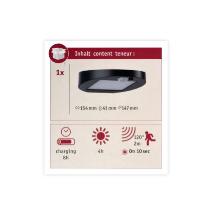 Paulmann 94246 - LED/1,2W IP44 Iluminação solar exterior com sensor RYSE 3,7V