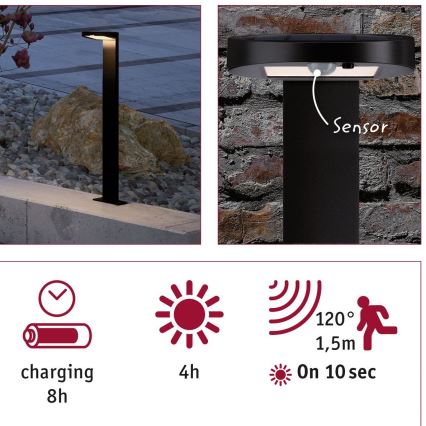 Paulmann 94249 - LED/1,2W IP44 Candeeiro solar exterior com sensor RYSE 3,7V