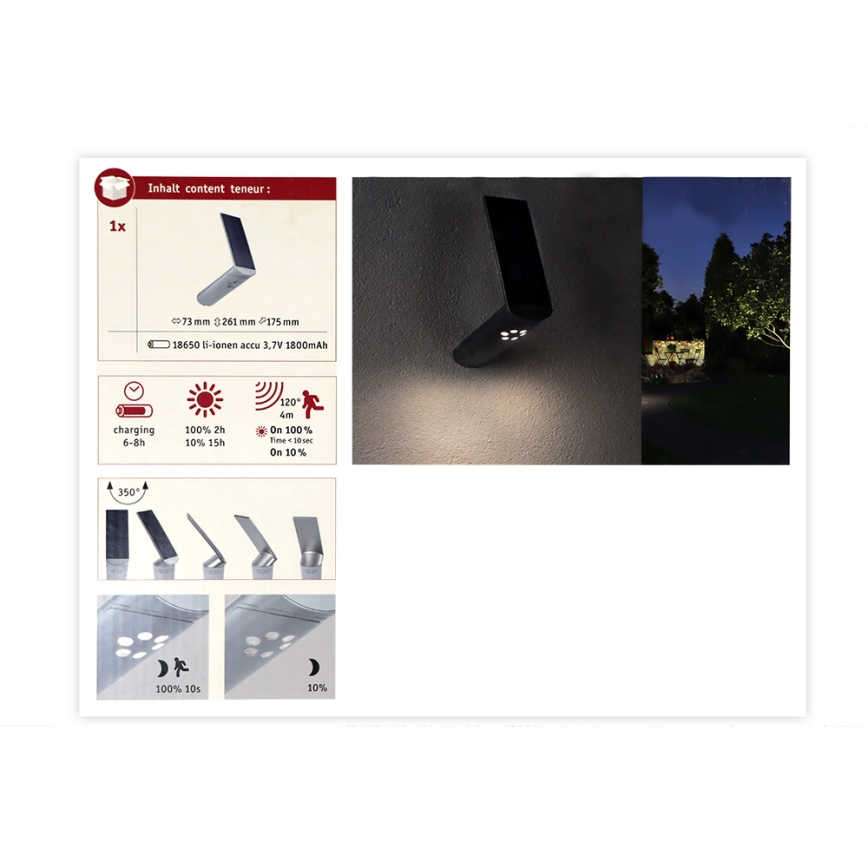 Paulmann 94261 - LED/1,2W IP44 Iluminação solar de parede com sensor ILIAS 3,7V