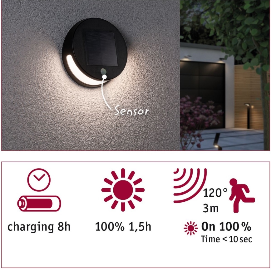 Paulmann 94265 - LED/3W IP44 Iluminação solar de exterior com sensor HELENA 3,7V