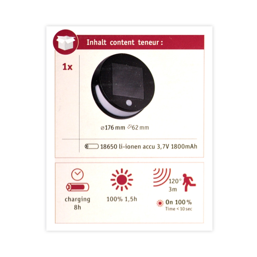 Paulmann 94265 - LED/3W IP44 Iluminação solar de exterior com sensor HELENA 3,7V