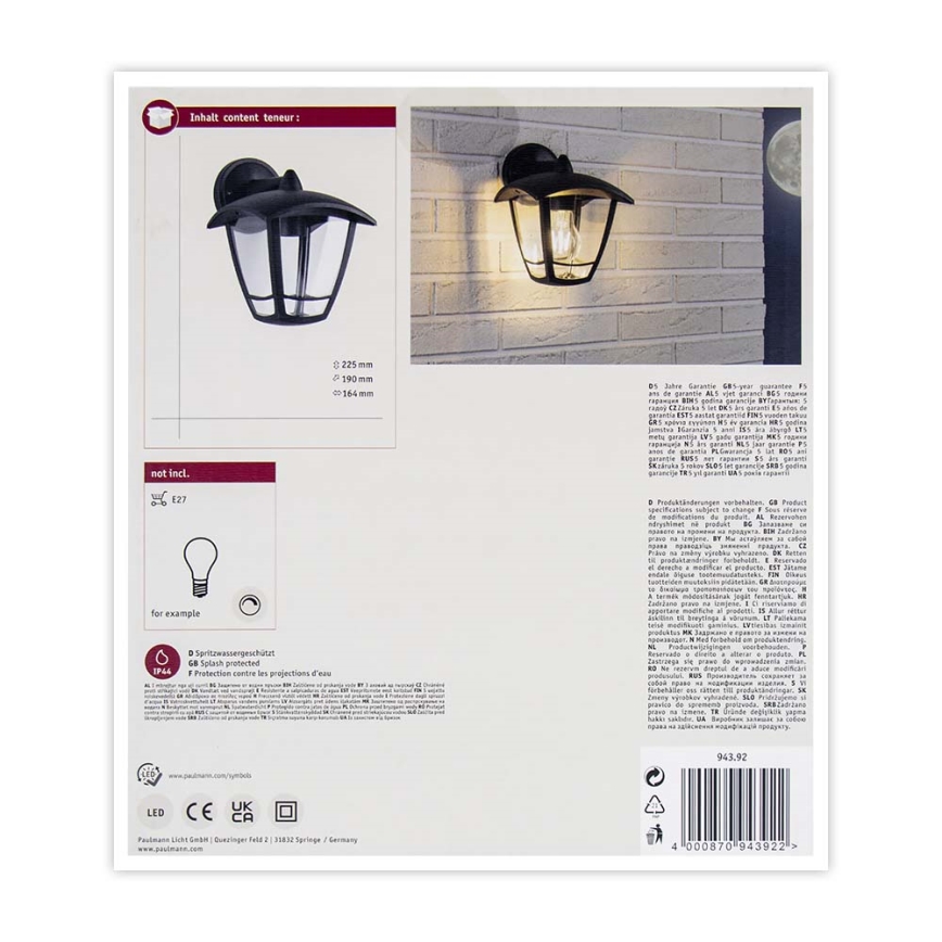 Paulmann 94392 - 1xE27/12W IP44 Iluminação de parede exterior CLASSIC 230V
