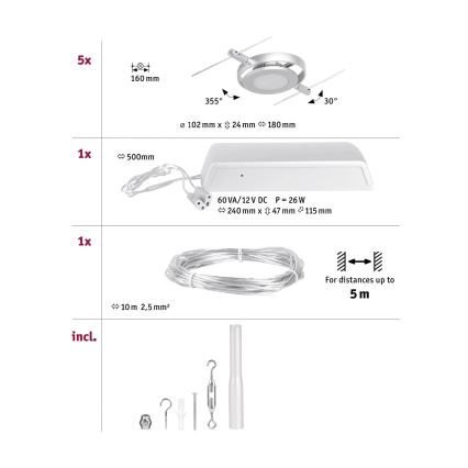Paulmann 94414 - CONJUNTO 5xLED/4,5W Foco para um sistema de cordas ROUNDMAC 230V cromado brilhante