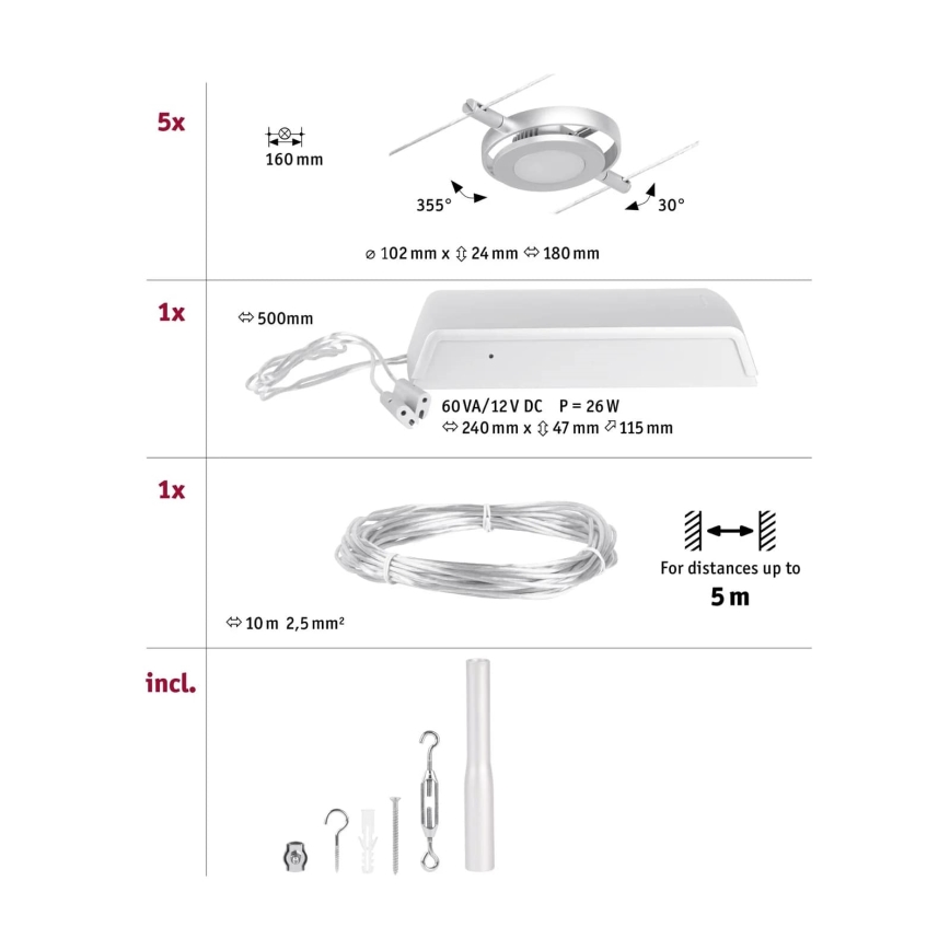 Paulmann 94414 - CONJUNTO 5xLED/4,5W Foco para um sistema de cordas ROUNDMAC 230V cromado brilhante
