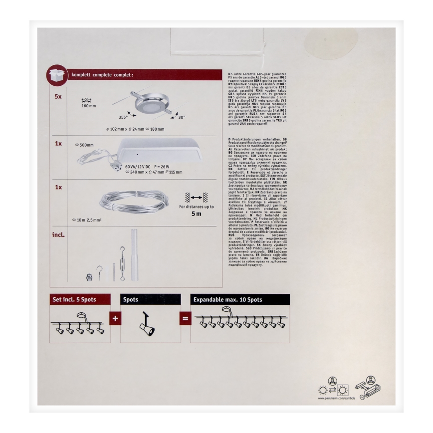 Paulmann 94414 - CONJUNTO 5xLED/4,5W Foco para um sistema de cordas ROUNDMAC 230V cromado brilhante