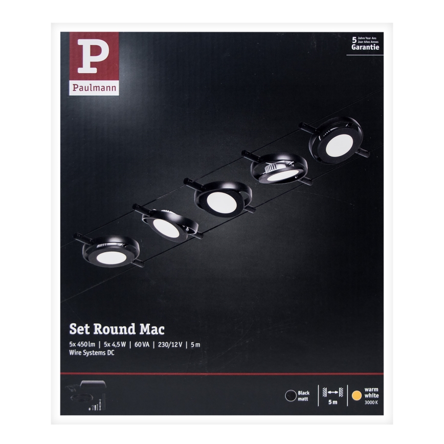 Paulmann 94418 - CONJUNTO 5xLED/4,5W Foco para um sistema de cordas ROUNDMAC 230V preto