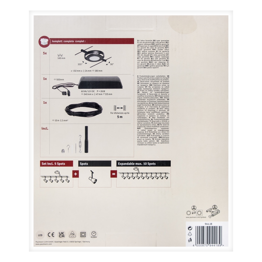 Paulmann 94418 - CONJUNTO 5xLED/4,5W Foco para um sistema de cordas ROUNDMAC 230V preto