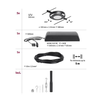Paulmann 94418 - CONJUNTO 5xLED/4,5W Foco para um sistema de cordas ROUNDMAC 230V preto