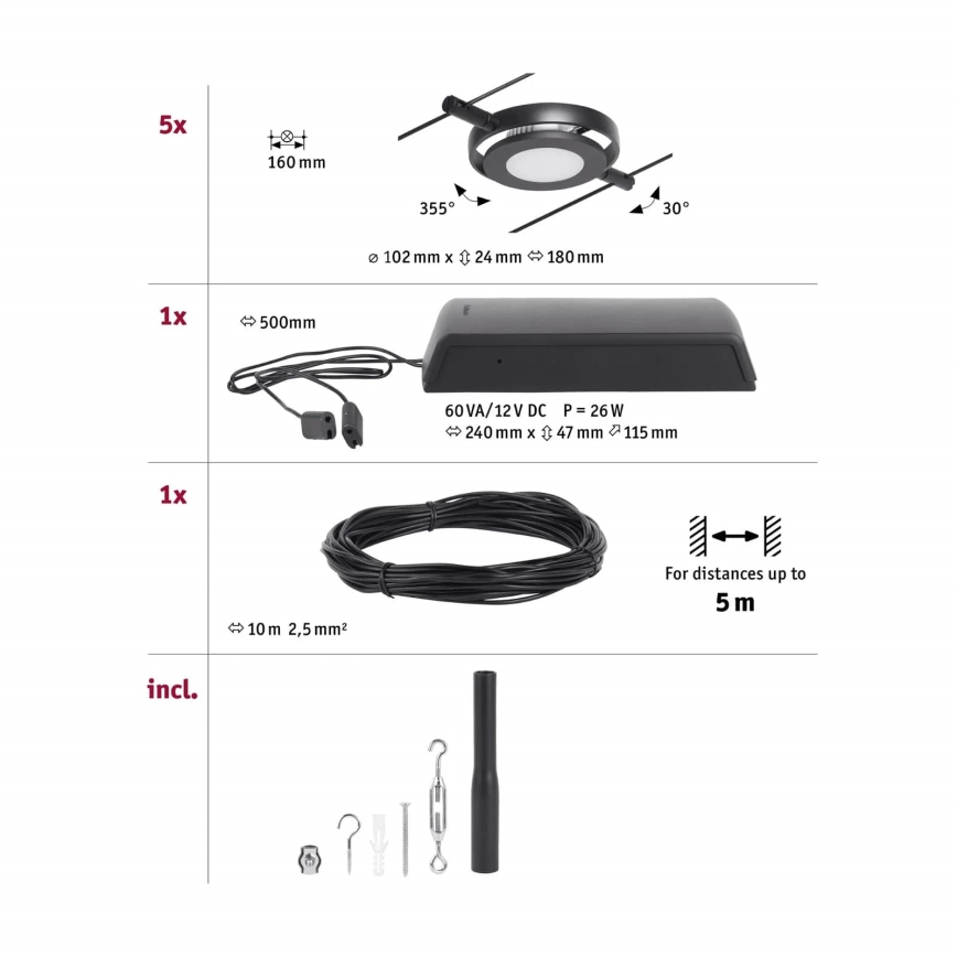 Paulmann 94418 - CONJUNTO 5xLED/4,5W Foco para sistema de cable ROUNDMAC 230V negro