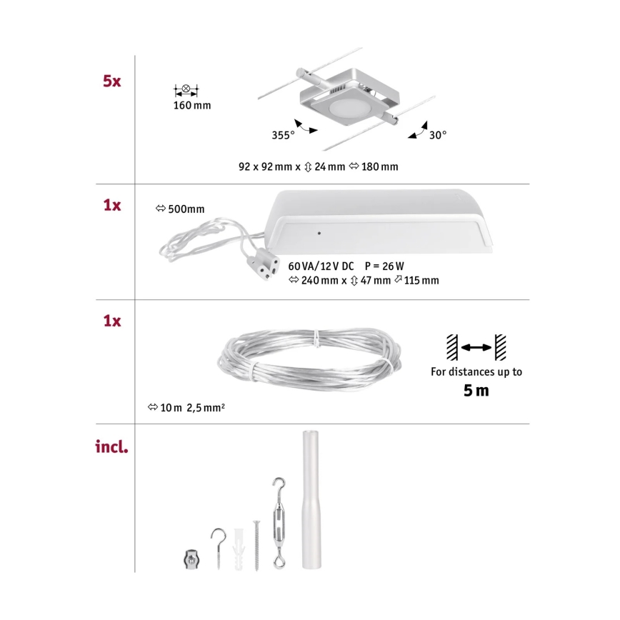 Paulmann 94420 - CONJUNTO 5xLED/4,5W Foco para sistema de carril MAC 230V cromado mate