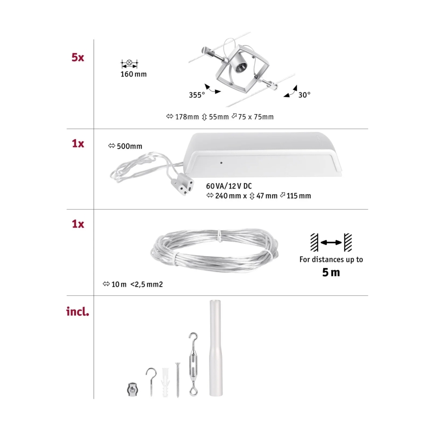 Paulmann 94430 - CONJUNTO 5xGU5,3/10W Foco para sistema de carril MAC 230V cromado mate