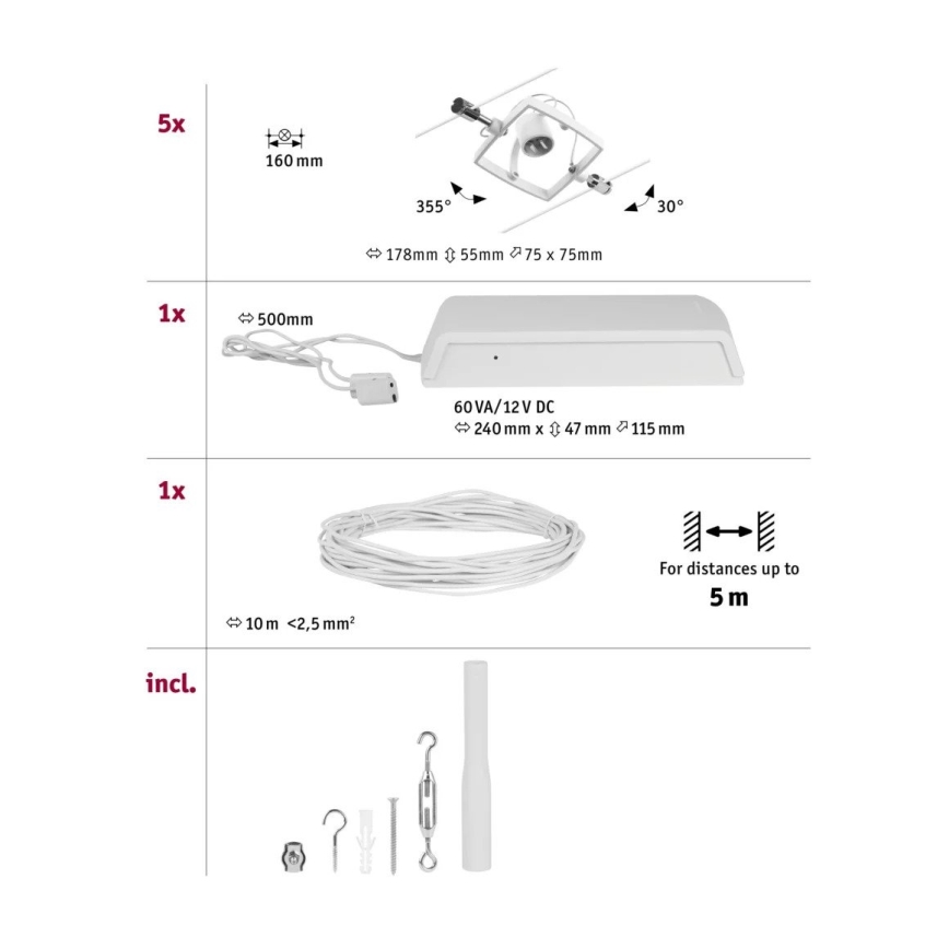 Paulmann 94432 - CONJUNTO 5xGU5,3/10W Foco para sistema de carril MAC 230V branco