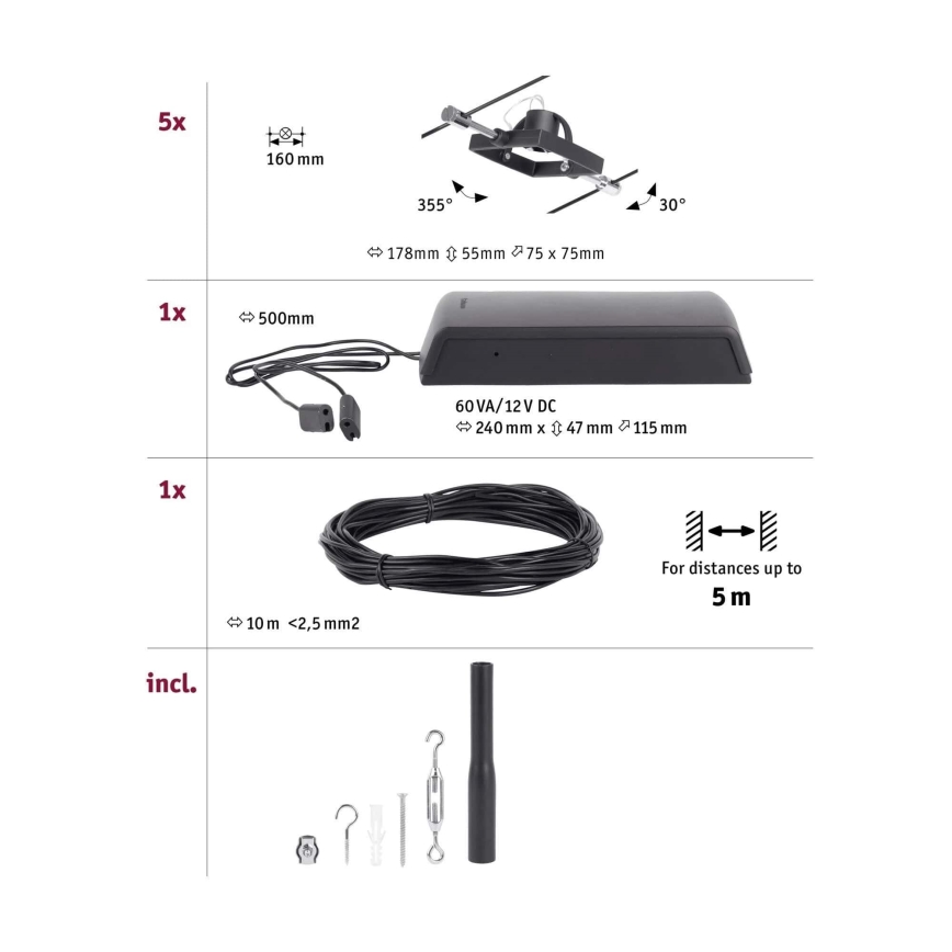 Paulmann 94434 - CONJUNTO 5xGU5,3/10W Foco para um sistema de cordas MAC 230V preto