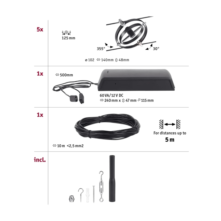 Paulmann 94440 - CONJUNTO 5xGU5,3/10W Foco para sistema de cable CARDAN 230V negro