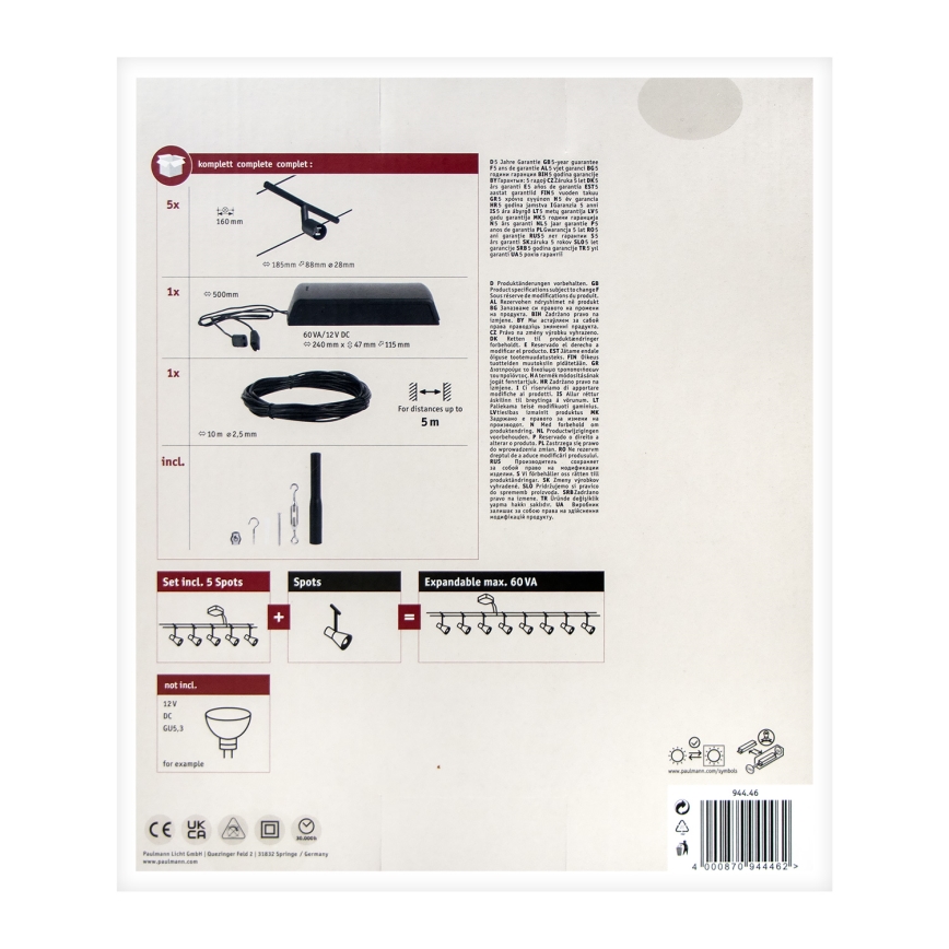 Paulmann 94446 - CONJUNTO 5xGU5,3/10W Luminária de focos para sistema de cabos SALT 230V preto