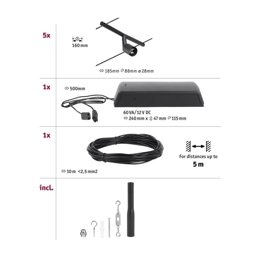 Paulmann 94446 - CONJUNTO 5xGU5,3/10W Luminária de focos para sistema de cabos SALT 230V preto