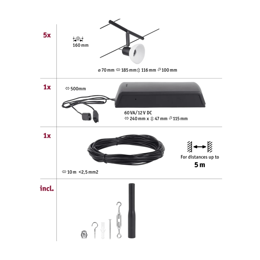 Paulmann 94450 - CONJUNTO 5xGU5,3/10W Foco para sistema de carril SHEELA 230V preto