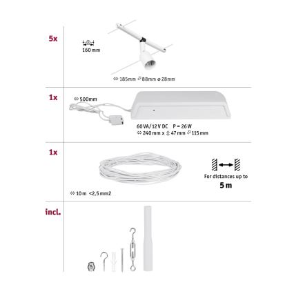 Paulmann 94458 - CONJUNTO 5xGU5,3/10W Luminária de focos para sistema de cabos SALT 230V branco