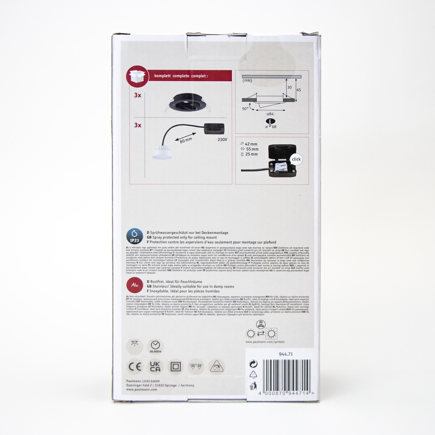 Paulmann 94471 - CONJUNTO 3xLED/6W IP23 Iluminação embutida de casa de banho NOVA 230V