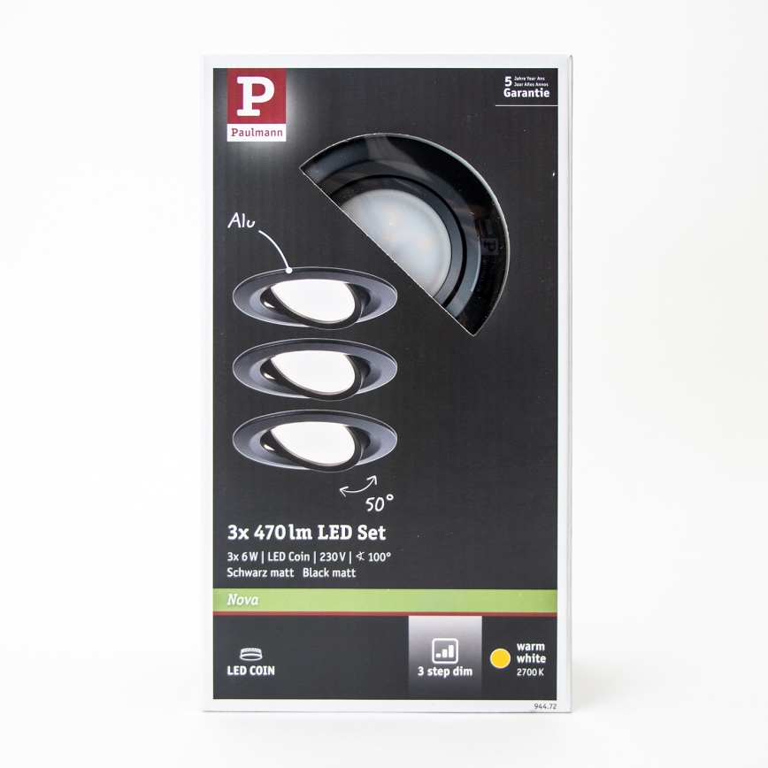 Paulmann 94472 - CONJUNTO 3xLED/6W  IP23 Foco de encastrar de casa de banho com regulação NOVA 230V