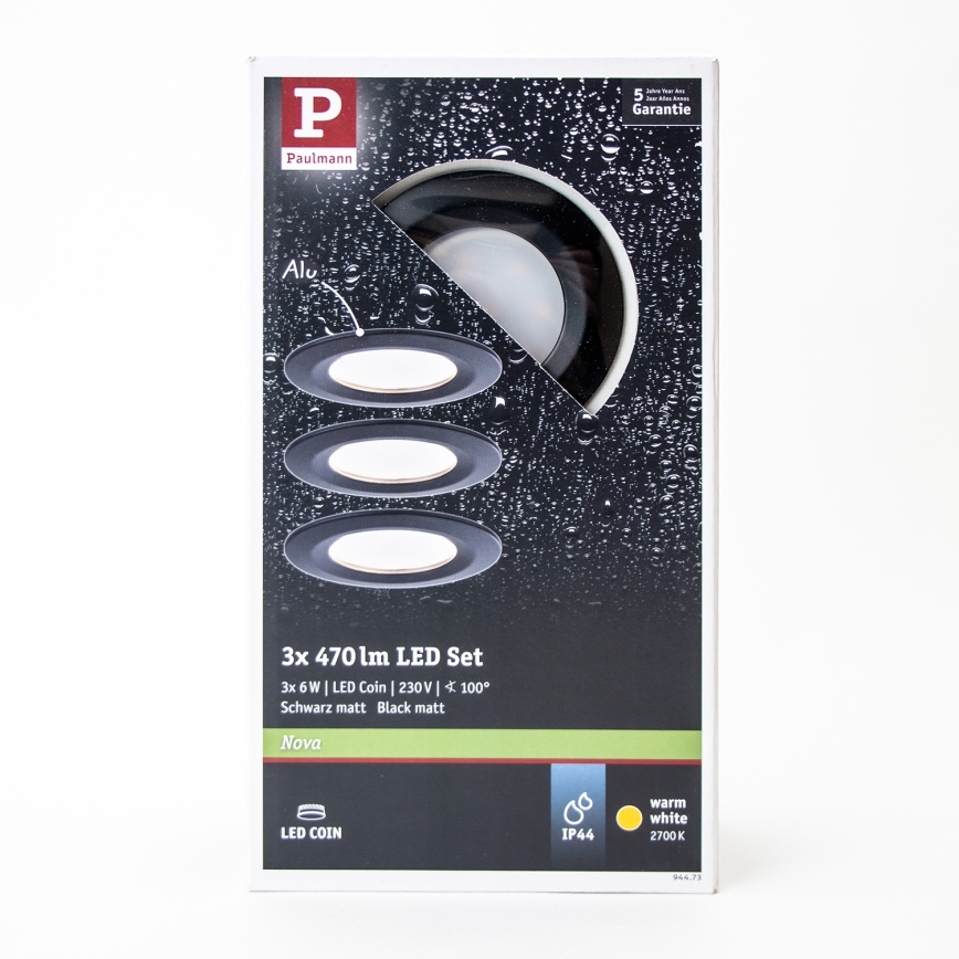 Paulmann 94473 - CONJUNTO 3xLED/6W IP44 Iluminação embutida de casa de banho NOVA 230V