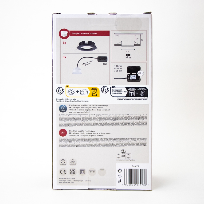 Paulmann 94473 - CONJUNTO 3xLED/6W IP44 Iluminação embutida de casa de banho NOVA 230V