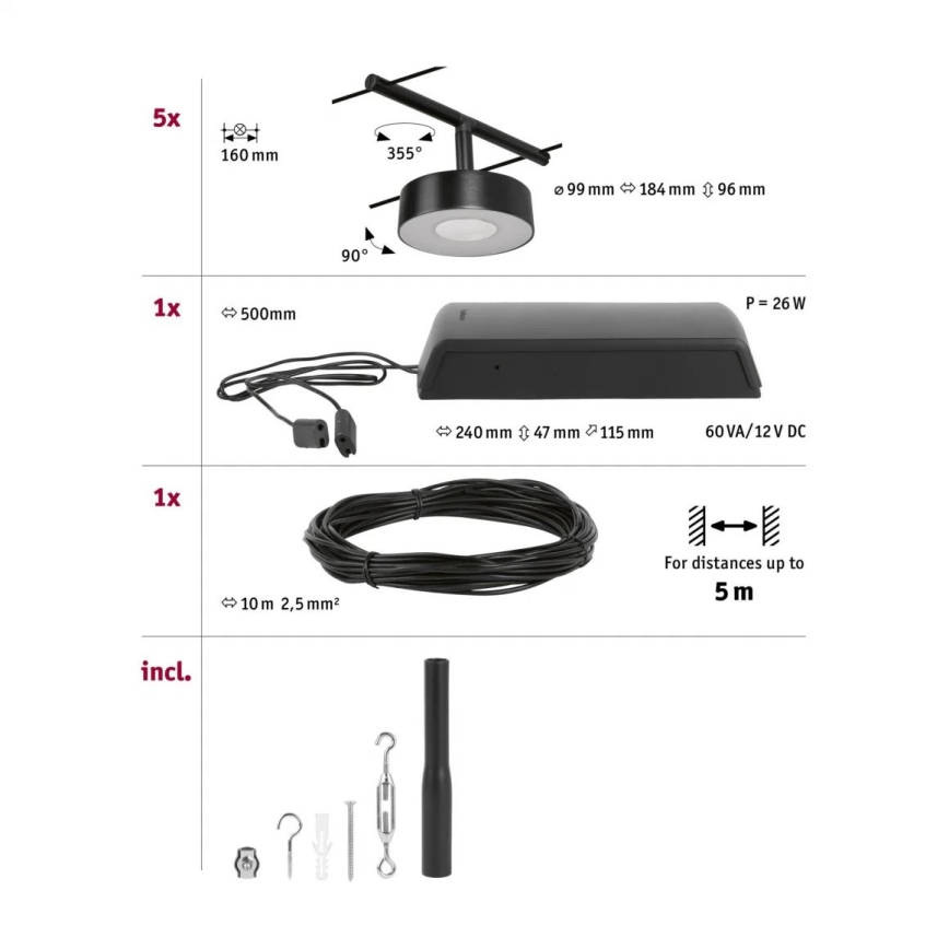Paulmann 94479 - CONJUNTO 5xLED/5W Foco para sistema de carril CIRCLE 230V preto