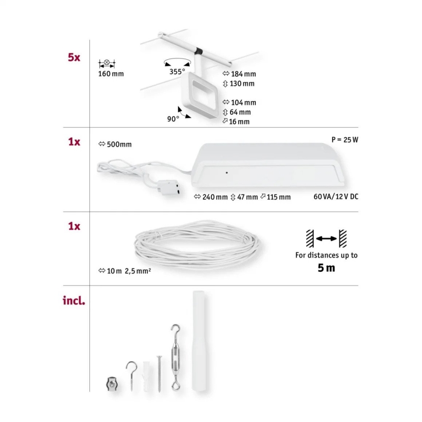 Paulmann 94483 - CONJUNTO 5xLED/4,8W Foco para sistema de carril FRAME 230V branco