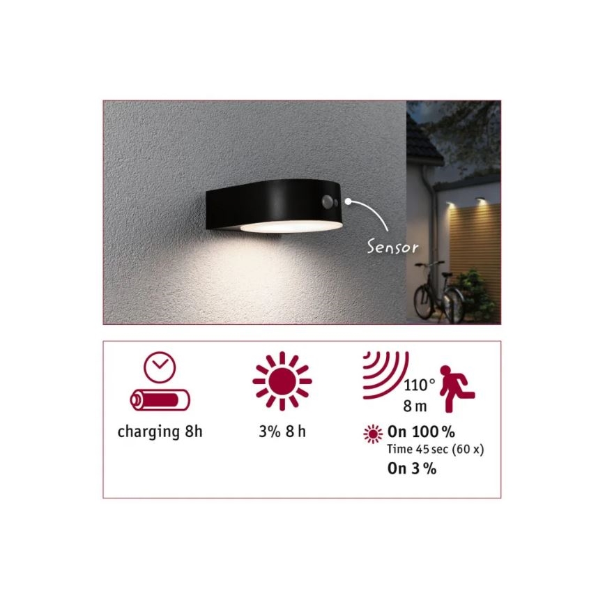 Paulmann 94570 - LED/5,5W IP44 Candeeiro de parede solar com sensor EILEEN 3,7V