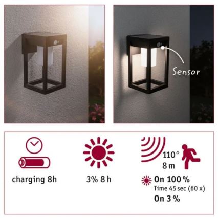 Paulmann 94572 -LED/5,5W IP44 Candeeiro de parede solar com sensor MARISOL 3,7V