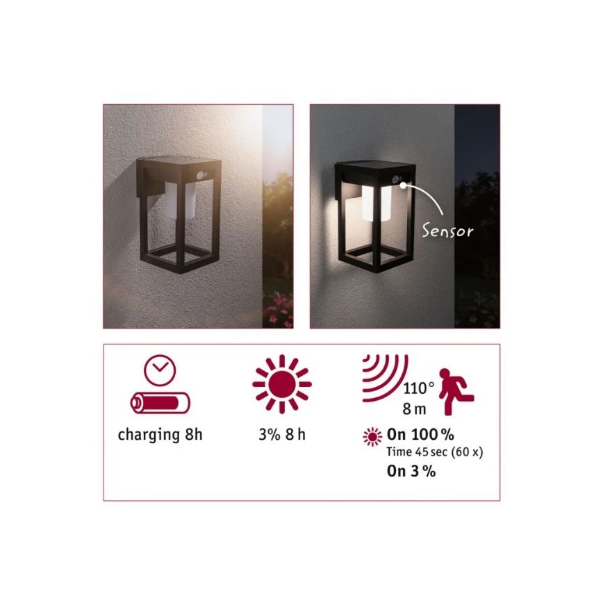 Paulmann 94572 -LED/5,5W IP44 Candeeiro de parede solar com sensor MARISOL 3,7V
