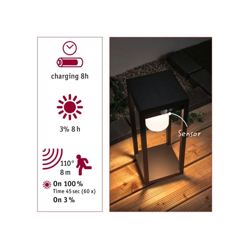 Paulmann 94573 - LED/5,5W IP44 Candeeiro solar com uma sensor MARISOL 3,7V