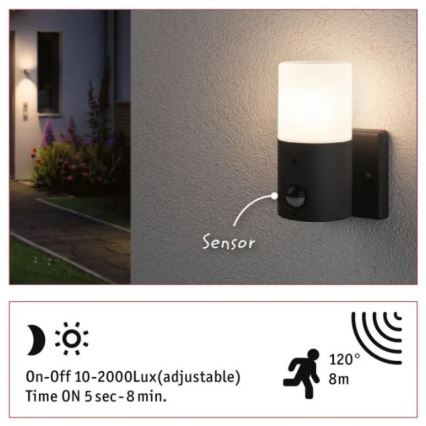 Paulmann 94648 - 1xE27/15W IP44 Iluminação de parede exterior com sensor TUBS 230V