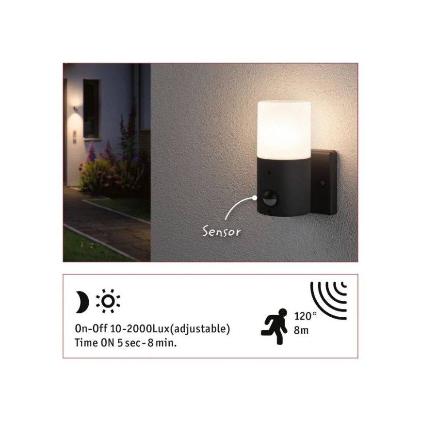 Paulmann 94648 - 1xE27/15W IP44 Iluminação de parede exterior com sensor TUBS 230V