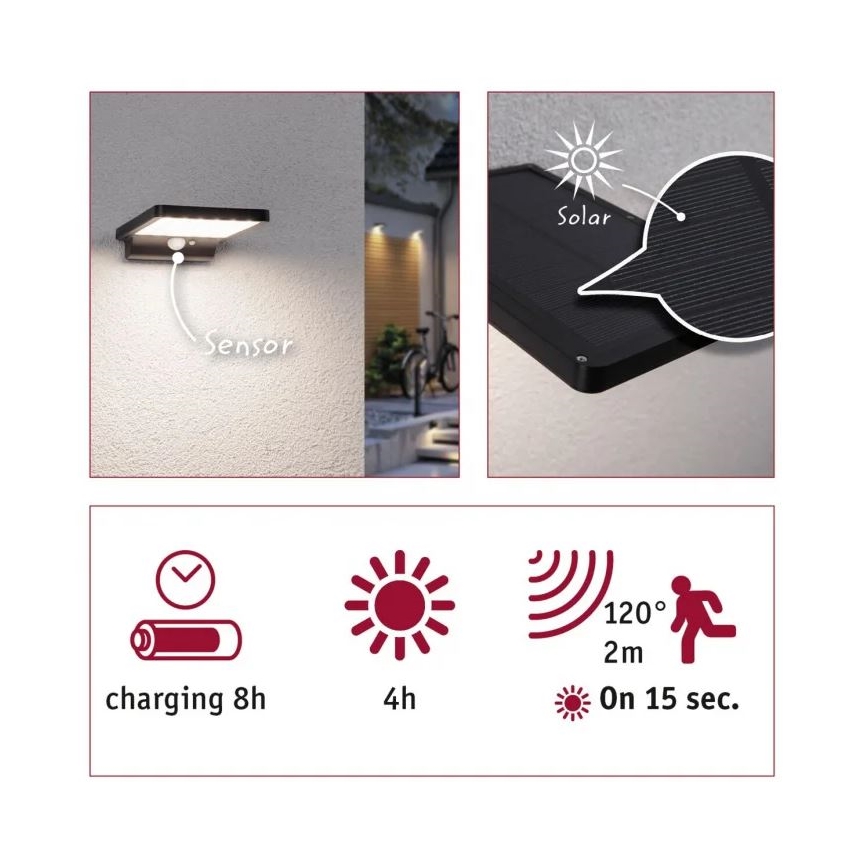 Paulmann 95393 - Luminária de parede solar LED/4W IP44 regulável com sensor SOLVEIG 3,7V 2000 mAh