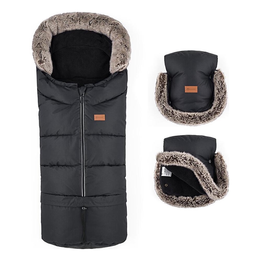 PETITE&MARS - CONJUNTO Saco-cama 4 em 1 ARCTIC + protetor para mãos para carrinho de passeio FURRY Forever Black