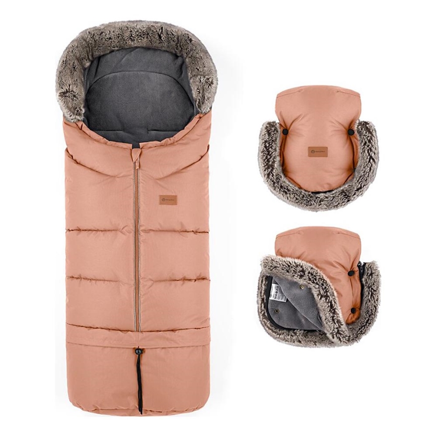 PETITE&MARS - CONJUNTO Saco-cama 4 em 1 ARCTIC + protetor para mãos para carrinho de passeio FURRY Pastel Peach
