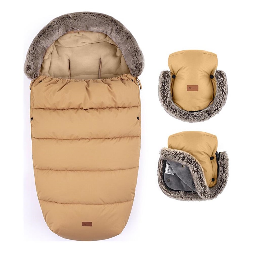 PETITE&MARS - CONJUNTO Saco-cama 4 em 1 COMFY + protetor para mãos para carrinho de passeio FURRY Elegant Caramel