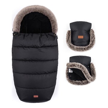 PETITE&MARS - CONJUNTO Saco-cama 4 em 1 COMFY + protetor para mãos para carrinho de passeio FURRY Forever Black