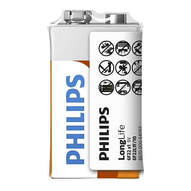 Philips 6F22L1F/10 - Pilha de cloreto de zinco 6F22 LONGLIFE 9V 150mAh