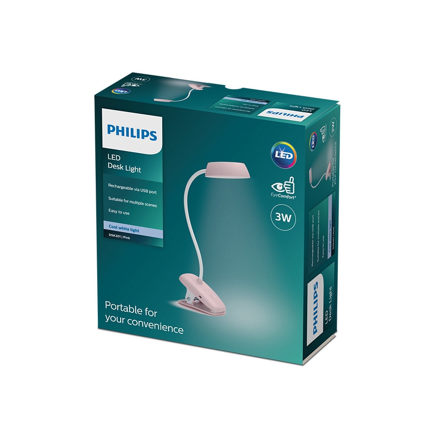 Philips - Candeeiro LED com regulação e clipe DONUTCLIP LED/3W/5V CRI 90 rosa