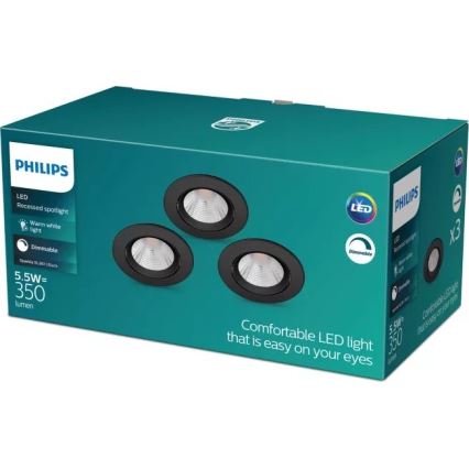 Philips - CONJUNTO 3x Focos de encastrar LED com regulação SPARKLE LED/5,5W/230V 2700K preto