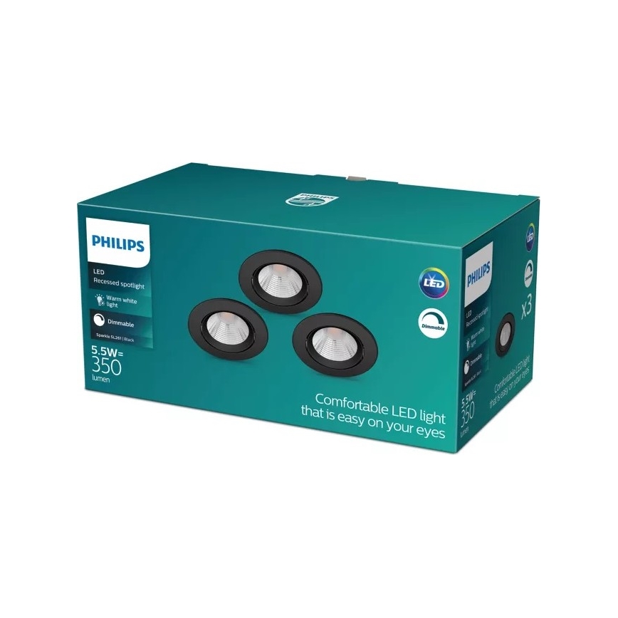 Philips - CONJUNTO 3x Focos de encastrar LED com regulação SPARKLE LED/5,5W/230V 2700K preto