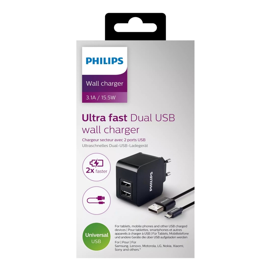 Philips DLP2307U/12 - Adaptador de carregamento 2xUSB/15,5W/230V + cabo micro USB 1m