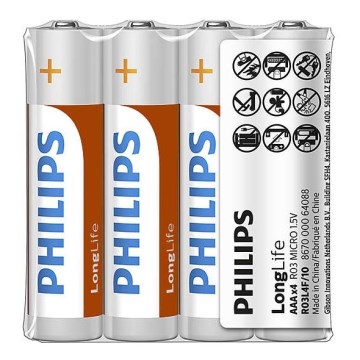 Philips R03L4F/10 - 4 pçs Pilha de cloreto de zinco AAA LONGLIFE 1,5V 450mAh