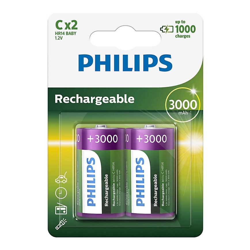 Philips R14B2A300/10 - 2 pçs Pilha recarregável C MULTILIFE NiMH/1,2V/3000 mAh