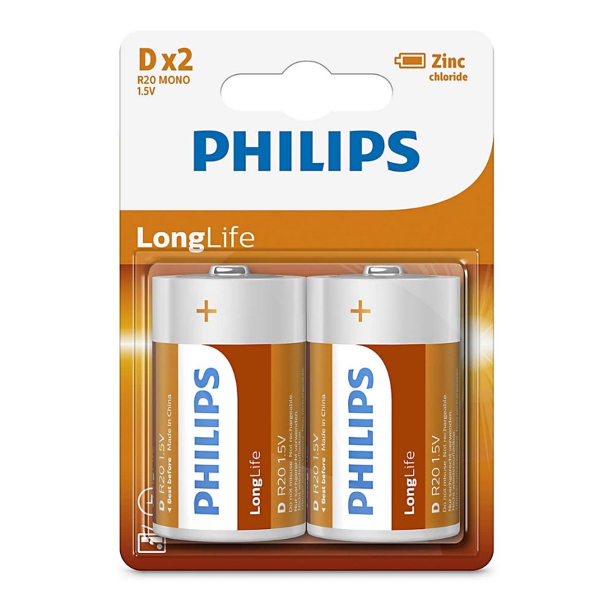 Philips R20L2B/10 - 2 pçs Pilha de cloreto de zinco D LONGLIFE 1,5V 5000mAh